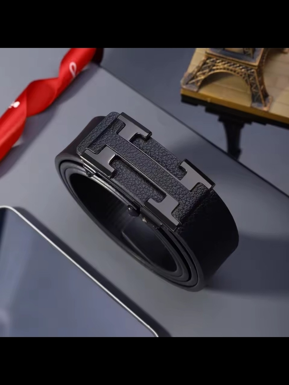 Men's Black Leather Belt with Matte Black H-Style Buckle
